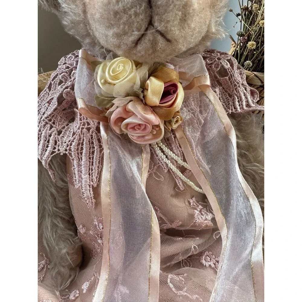 Vintage Plush Teddy Bear Doll W/Lace Dress & Floral Detail Cottagecore Aesthetic